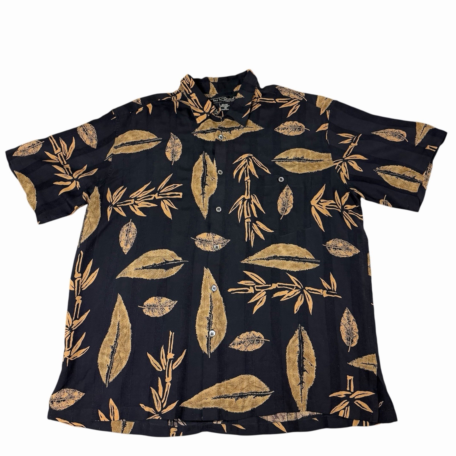 Tori Richard Silk Hawaiian Shirt Black Tan Leaf Print Camp Collar Xl Men